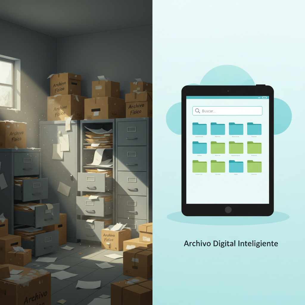 Archivo físico desordenado vs archivo digital organizado